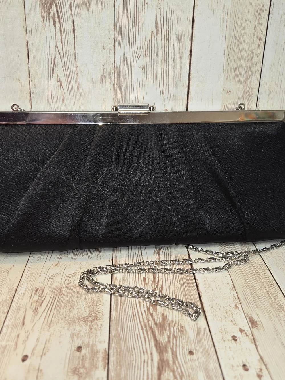 Jessica McClintock Black Satin Clutch Silver Chain Strap Evening Bag